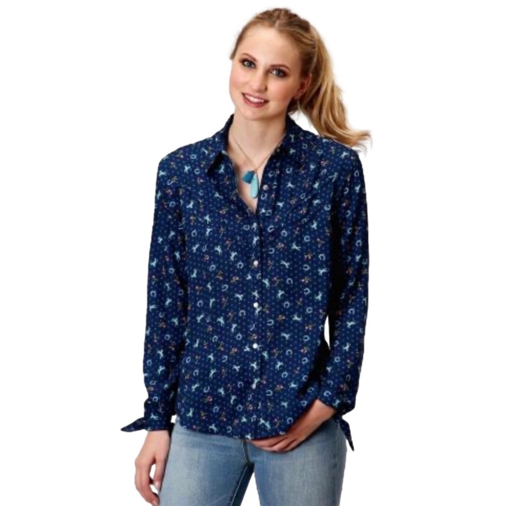Roper Western Riding Horse Blouse Pearl Snap Navy Blue Patterned Women's Top L